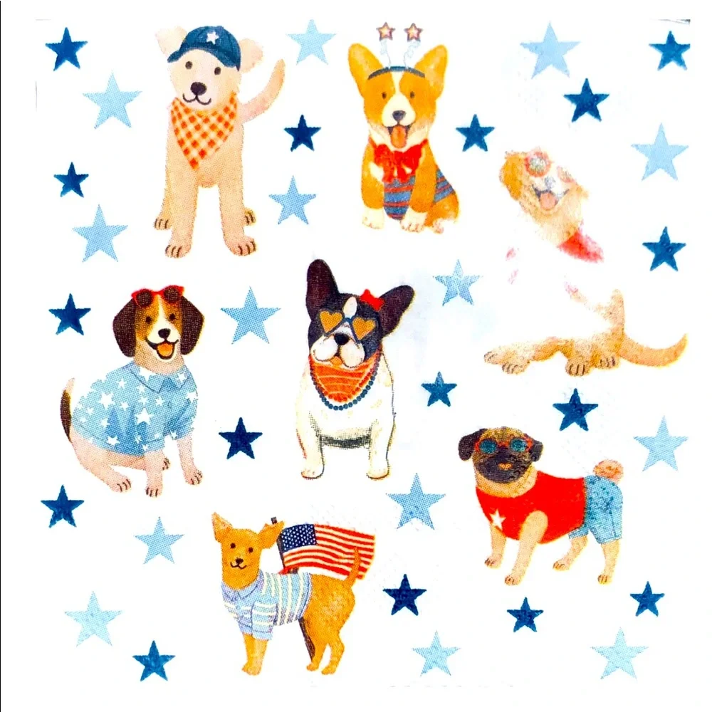 Two (2) INDIVIDUAL Americana Puppy Dogs Decoupage Cocktail Napkins (21137)